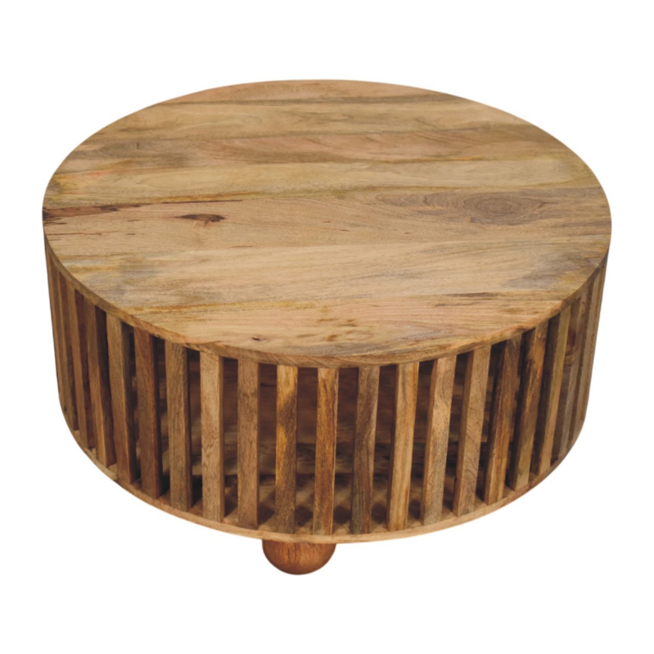 Solid Mango Wood Oak Finished Slatted Round Coffee Table - Image 3