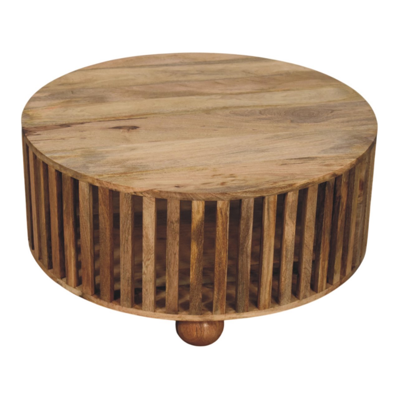 Solid Mango Wood Oak Finished Slatted Round Coffee Table - Image 4