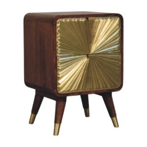 Solid Mango Wood Chestnut Finished Avora Sunburst Brass Embossed 2 Drawer Nightstand