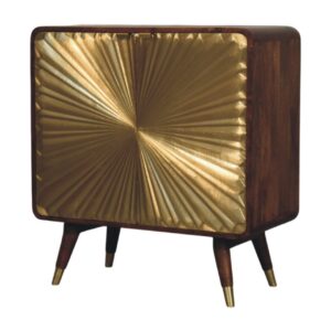 Solid Mango Wood Chestnut Finished Sunburst Avora Brass Embossed 2 Door Cabinet