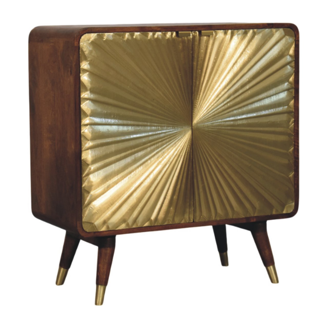Solid Mango Wood Chestnut Finished Sunburst Avora Brass Embossed 2 Door Cabinet - Image 2