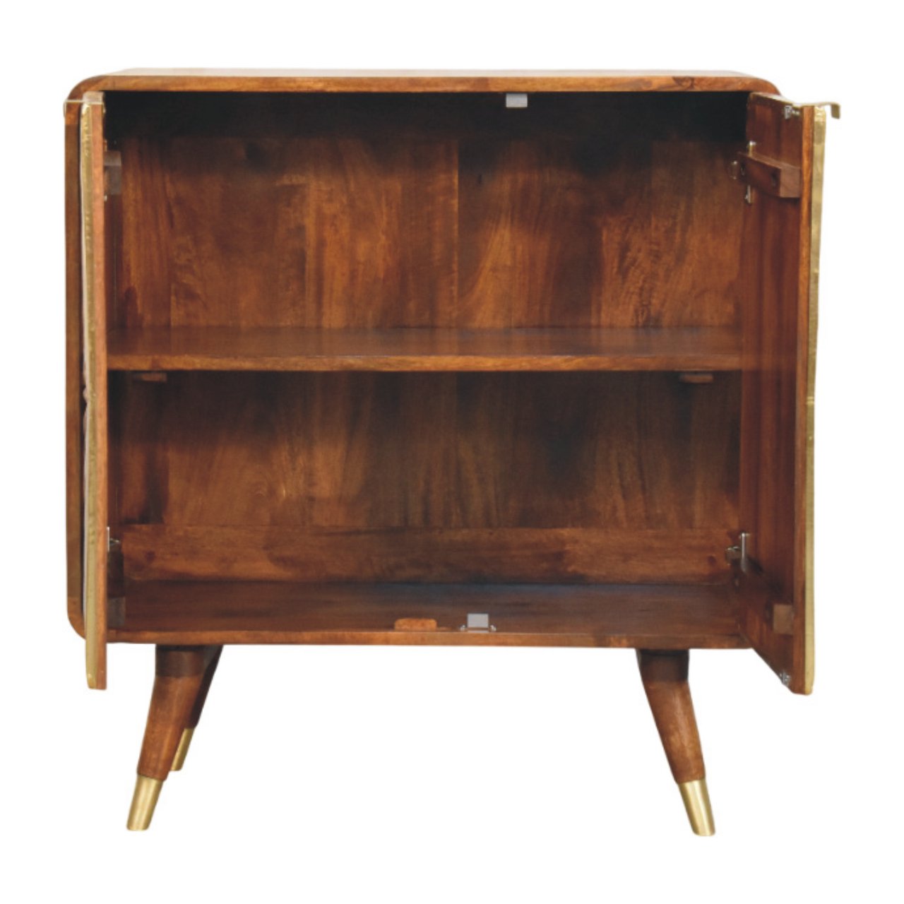 Solid Mango Wood Chestnut Finished Sunburst Avora Brass Embossed 2 Door Cabinet - Image 5