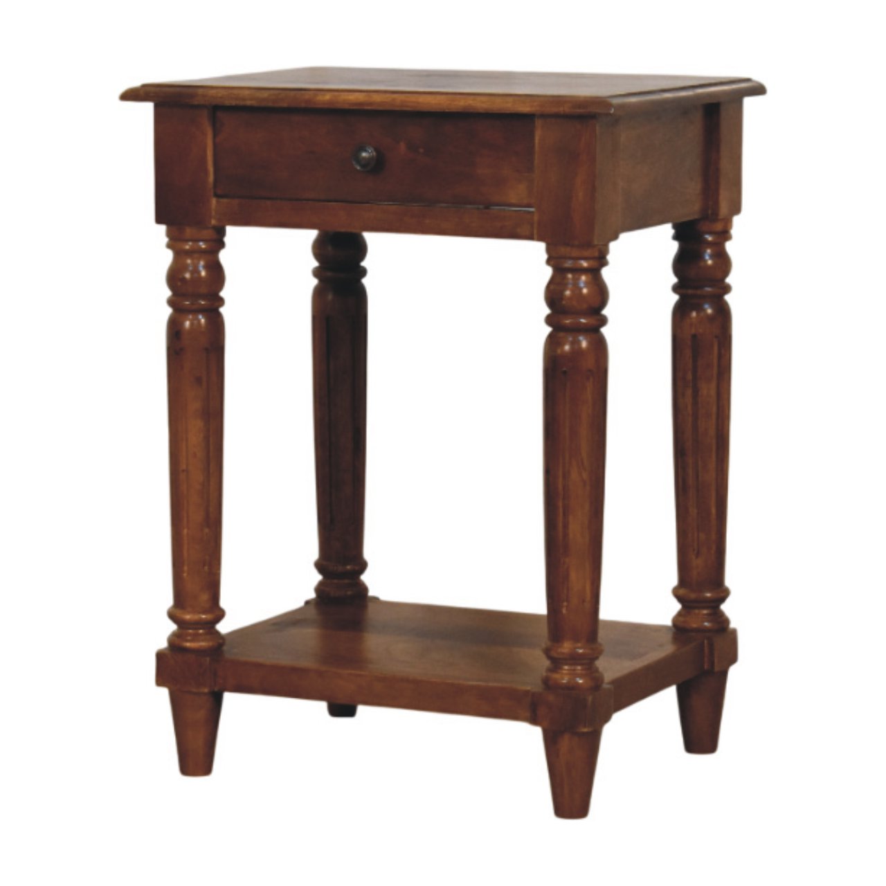 Solid Mango Wood Chestnut Finished Turned Legs 1 Drawer Side Table - Image 2