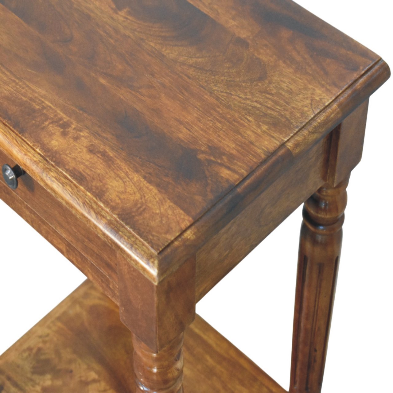 Solid Mango Wood Chestnut Finished Turned Legs 1 Drawer Side Table - Image 4