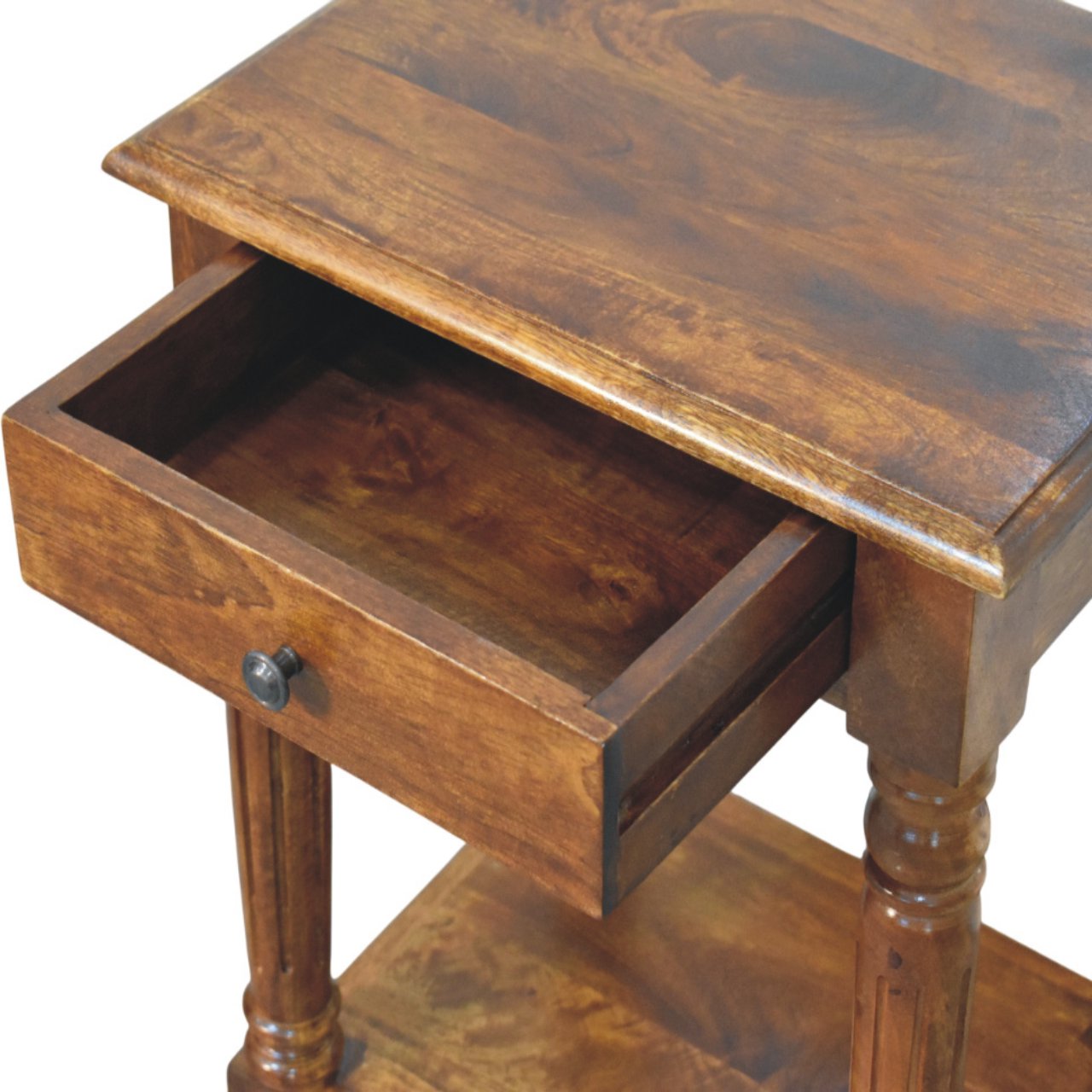Solid Mango Wood Chestnut Finished Turned Legs 1 Drawer Side Table - Image 5