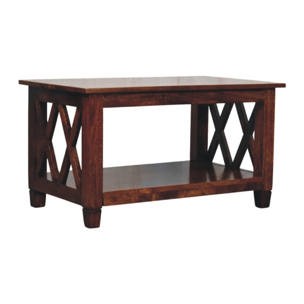 Solid Mango Wood Chestnut Finished Belmont Trellis Side Frame Coffee Table