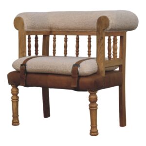 Solid Mango Wood Oak Finished Strapped Hallway Boucle Bench with Leather Straps