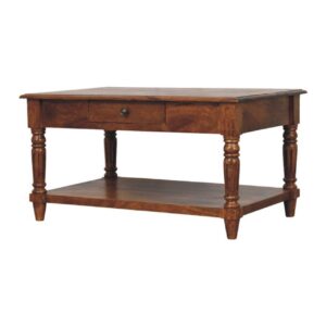 Solid Mango Wood Chestnut Finished Turned Legs 2 Drawer Coffee Table