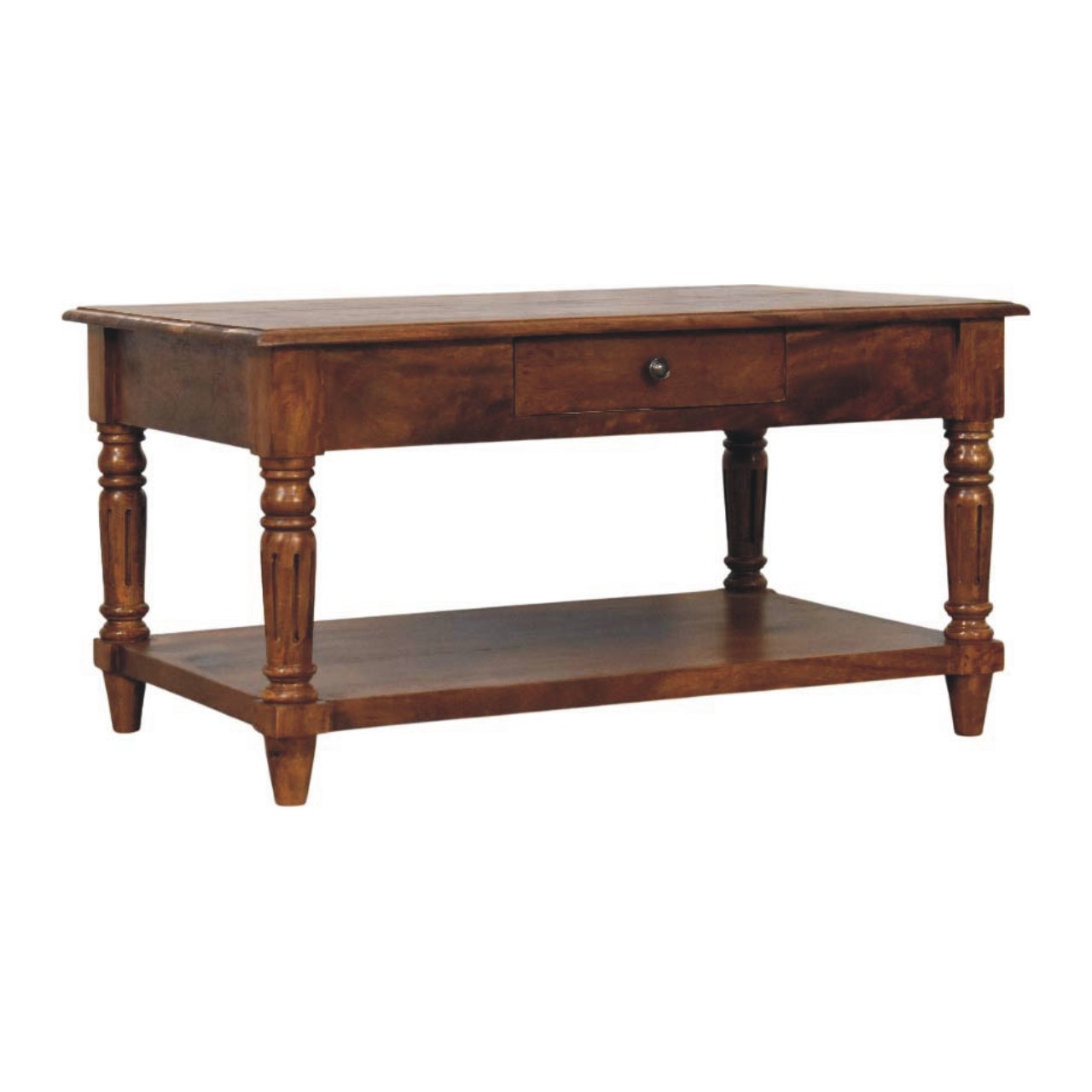 Solid Mango Wood Chestnut Finished Turned Legs 2 Drawer Coffee Table - Image 2