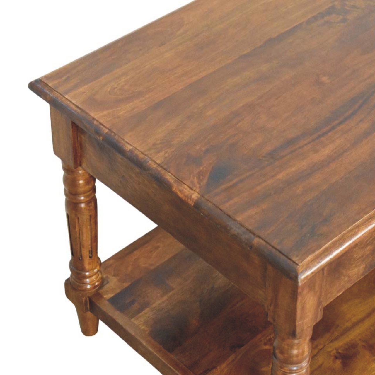Solid Mango Wood Chestnut Finished Turned Legs 2 Drawer Coffee Table - Image 4