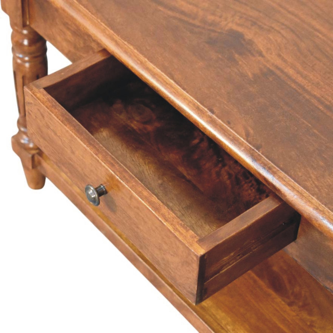 Solid Mango Wood Chestnut Finished Turned Legs 2 Drawer Coffee Table - Image 5