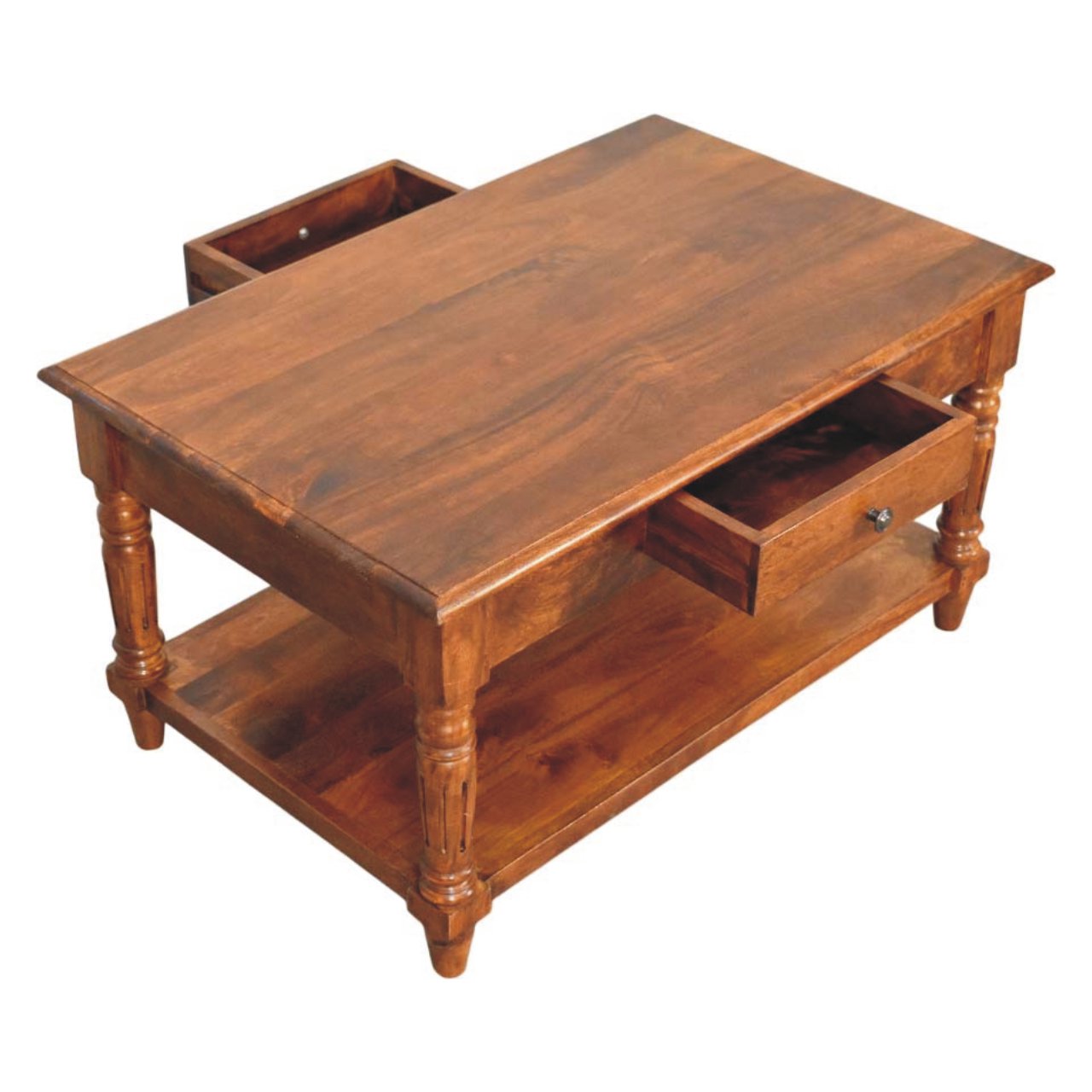 Solid Mango Wood Chestnut Finished Turned Legs 2 Drawer Coffee Table - Image 6