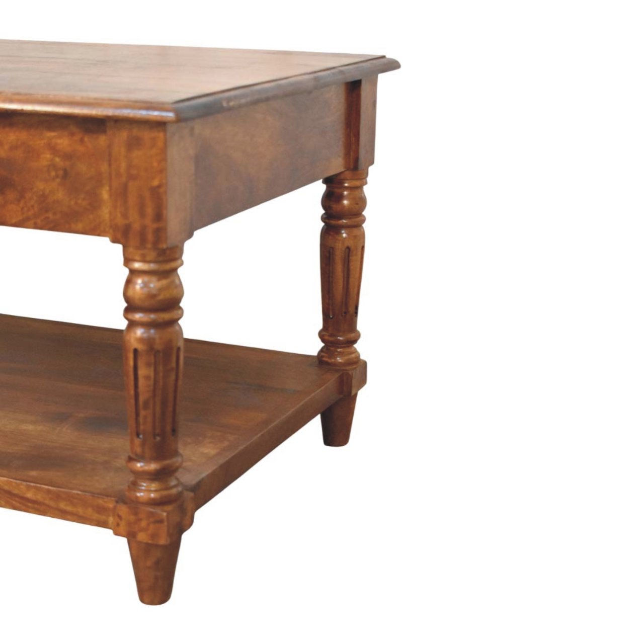 Solid Mango Wood Chestnut Finished Turned Legs 2 Drawer Coffee Table - Image 7