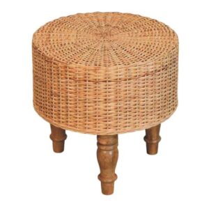 Solid Mango Wood Oak Finished Regency Round Woven Stool