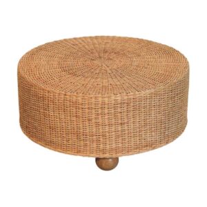 Solid Mango Wood Oak Finished Regency Round Woven Coffee Table with Ball Feet