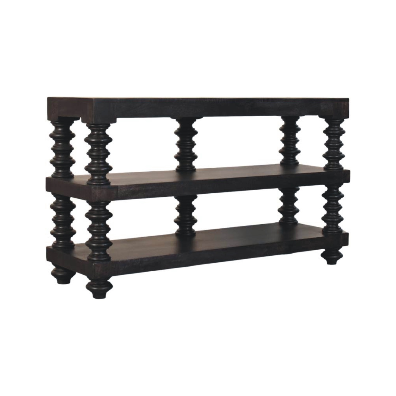 Solid Mango Wood Carbon Ash Finished Spindle Shelf Console