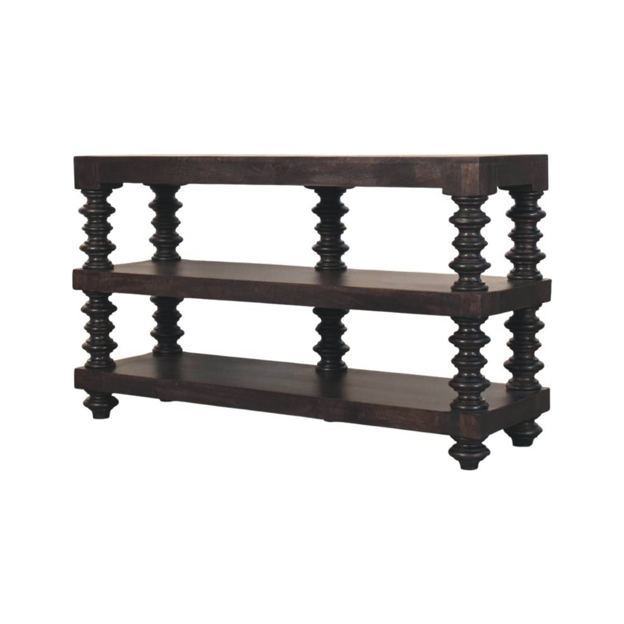 Solid Mango Wood Carbon Ash Finished Spindle Shelf Console - Image 2
