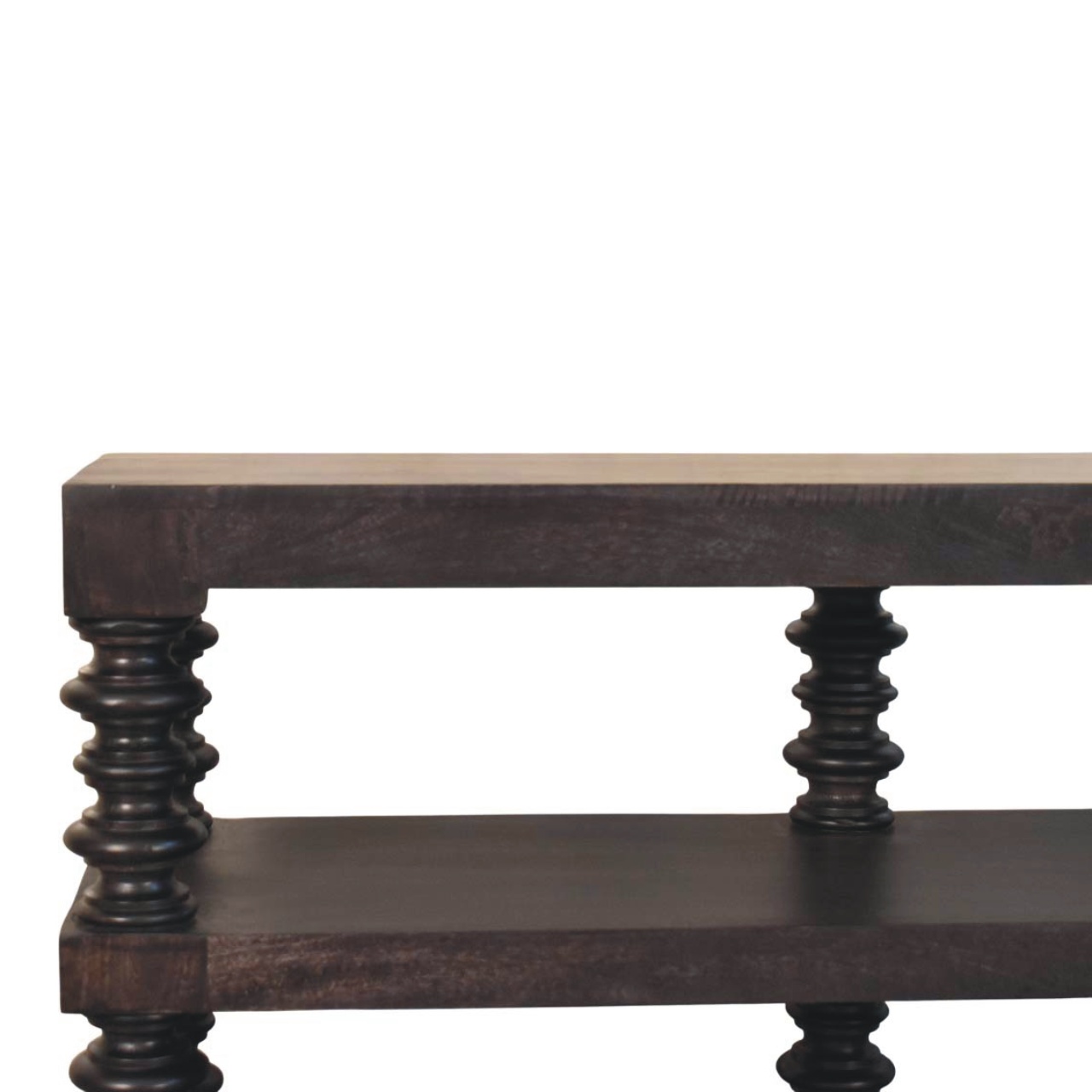 Solid Mango Wood Carbon Ash Finished Spindle Shelf Console - Image 3