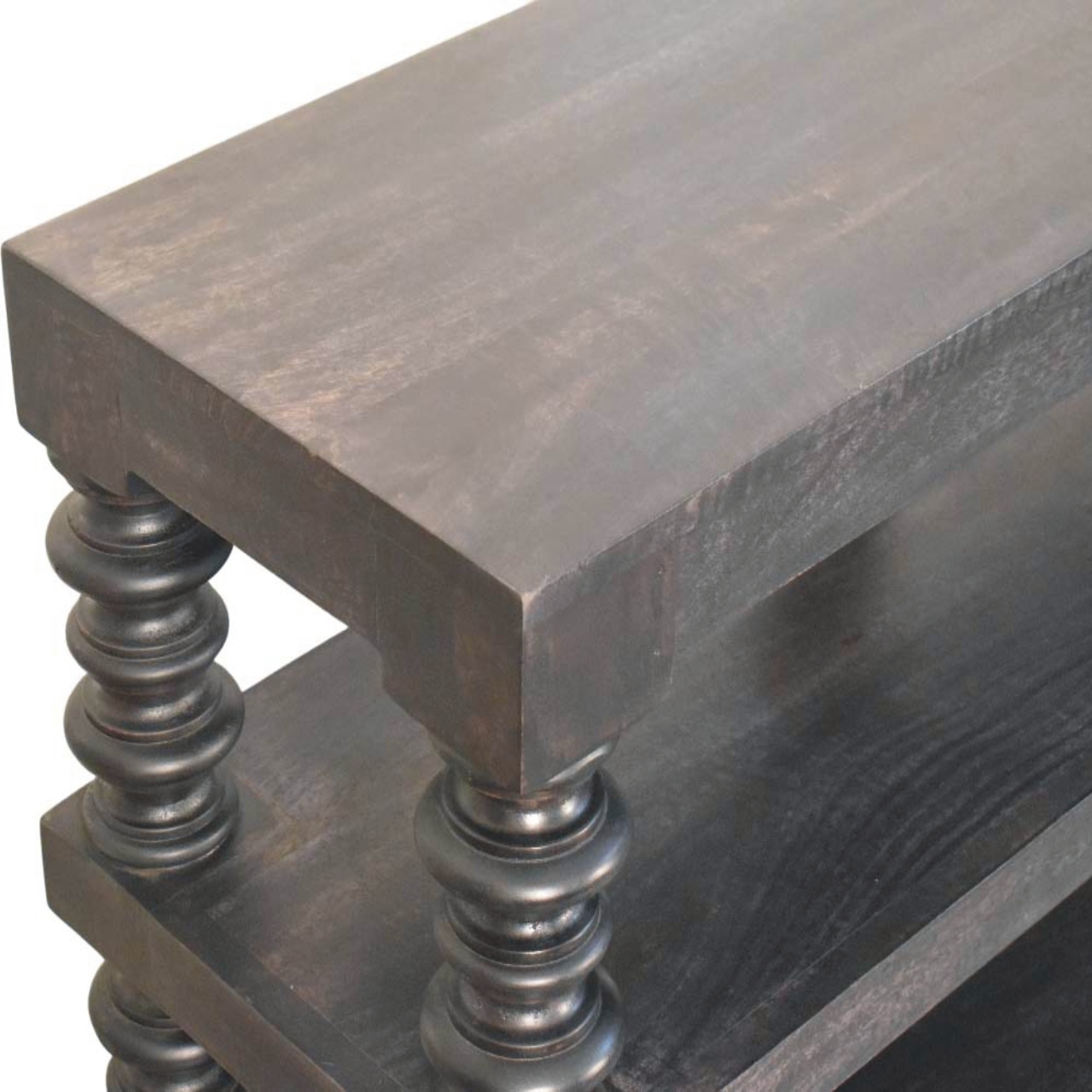 Solid Mango Wood Carbon Ash Finished Spindle Shelf Console - Image 4