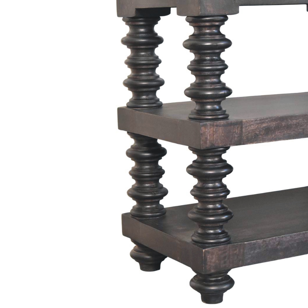 Solid Mango Wood Carbon Ash Finished Spindle Shelf Console - Image 5