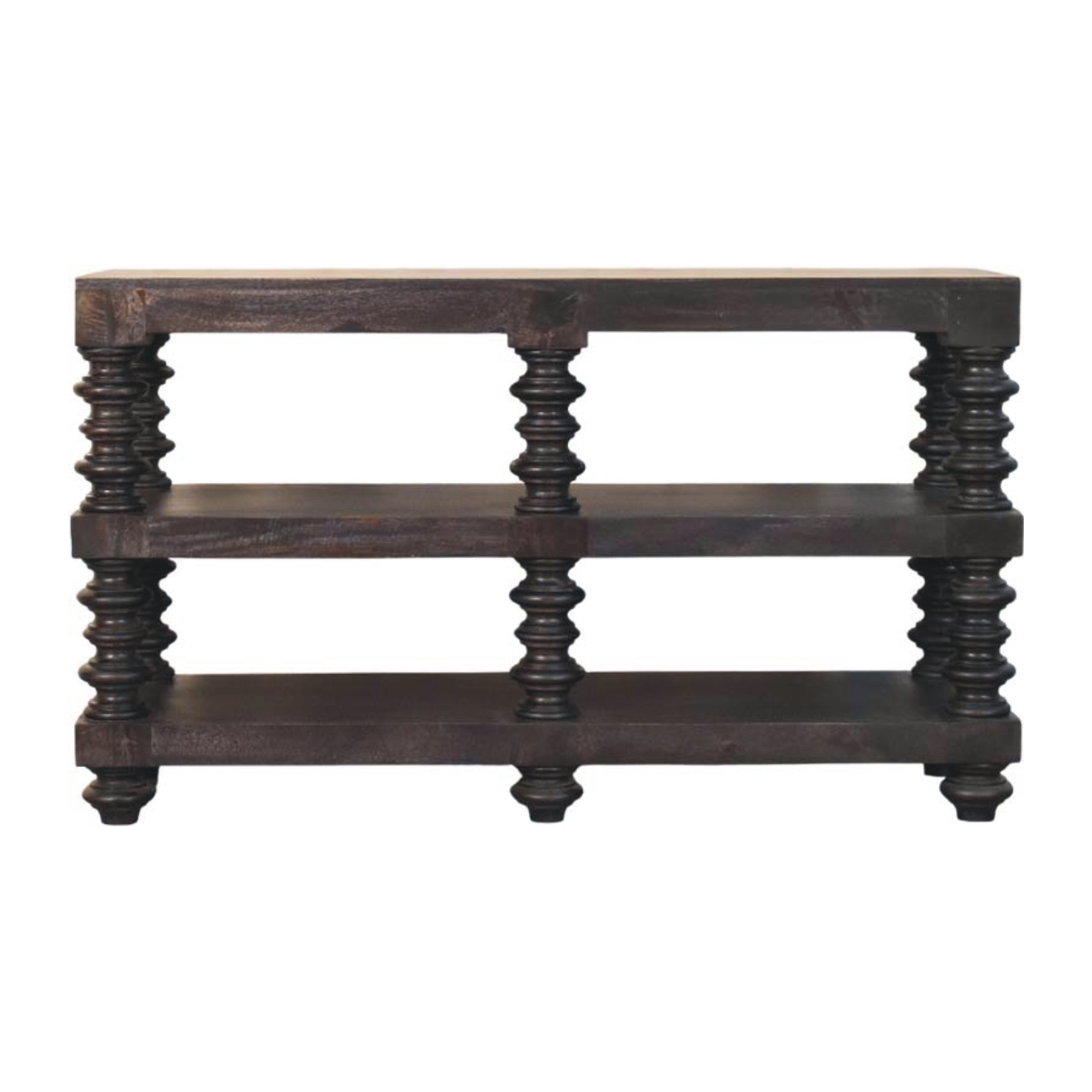 Solid Mango Wood Carbon Ash Finished Spindle Shelf Console - Image 7