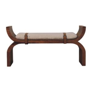 Solid Mango Wood Amber Oak Finished Boucle Upholstered Stirrup Style Belted Curved Bench