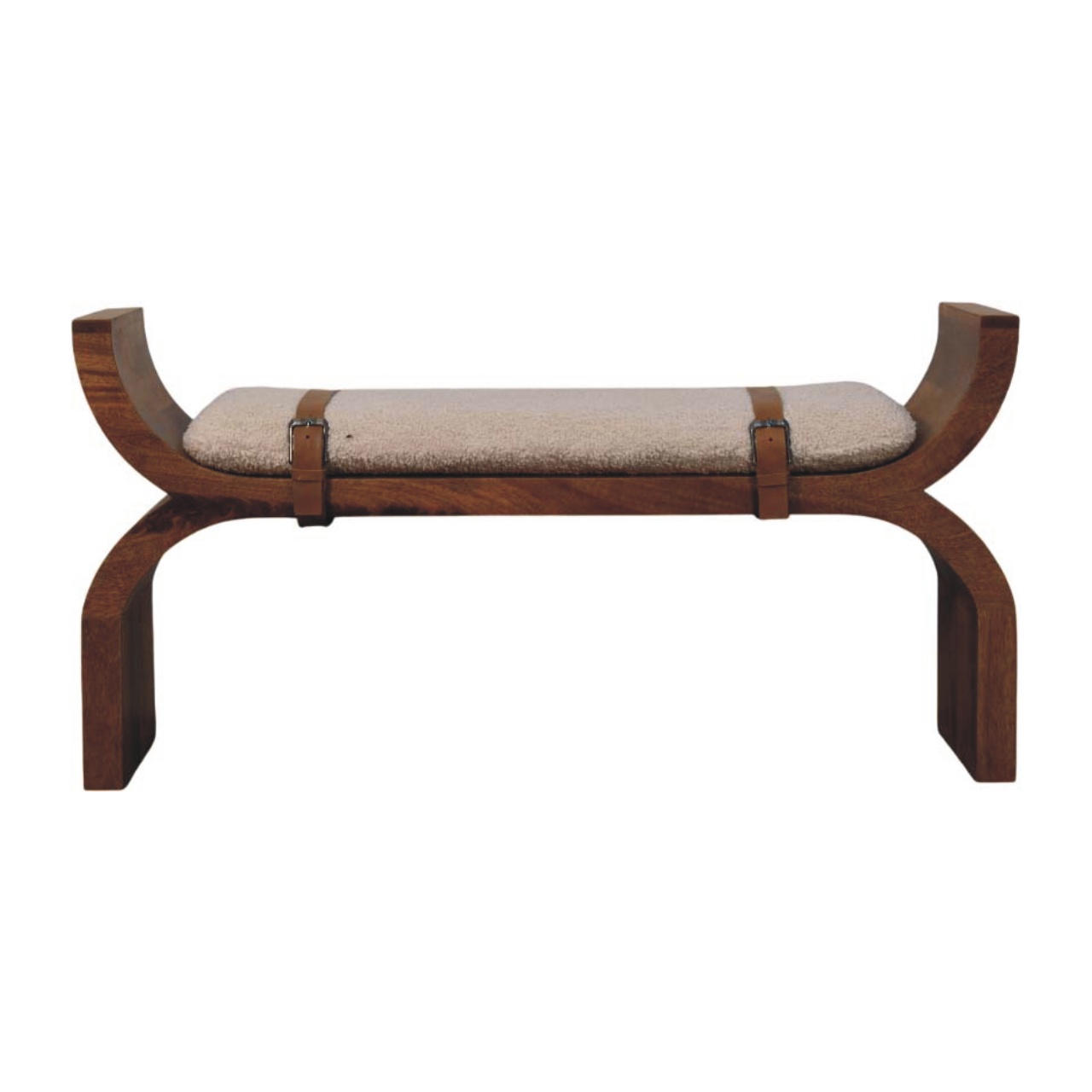 Solid Mango Wood Amber Oak Finished Boucle Upholstered Stirrup Style Belted Curved Bench