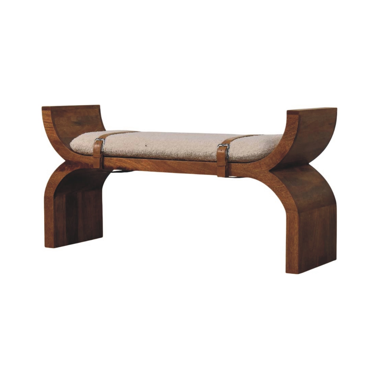 Solid Mango Wood Amber Oak Finished Boucle Upholstered Stirrup Style Belted Curved Bench - Image 2