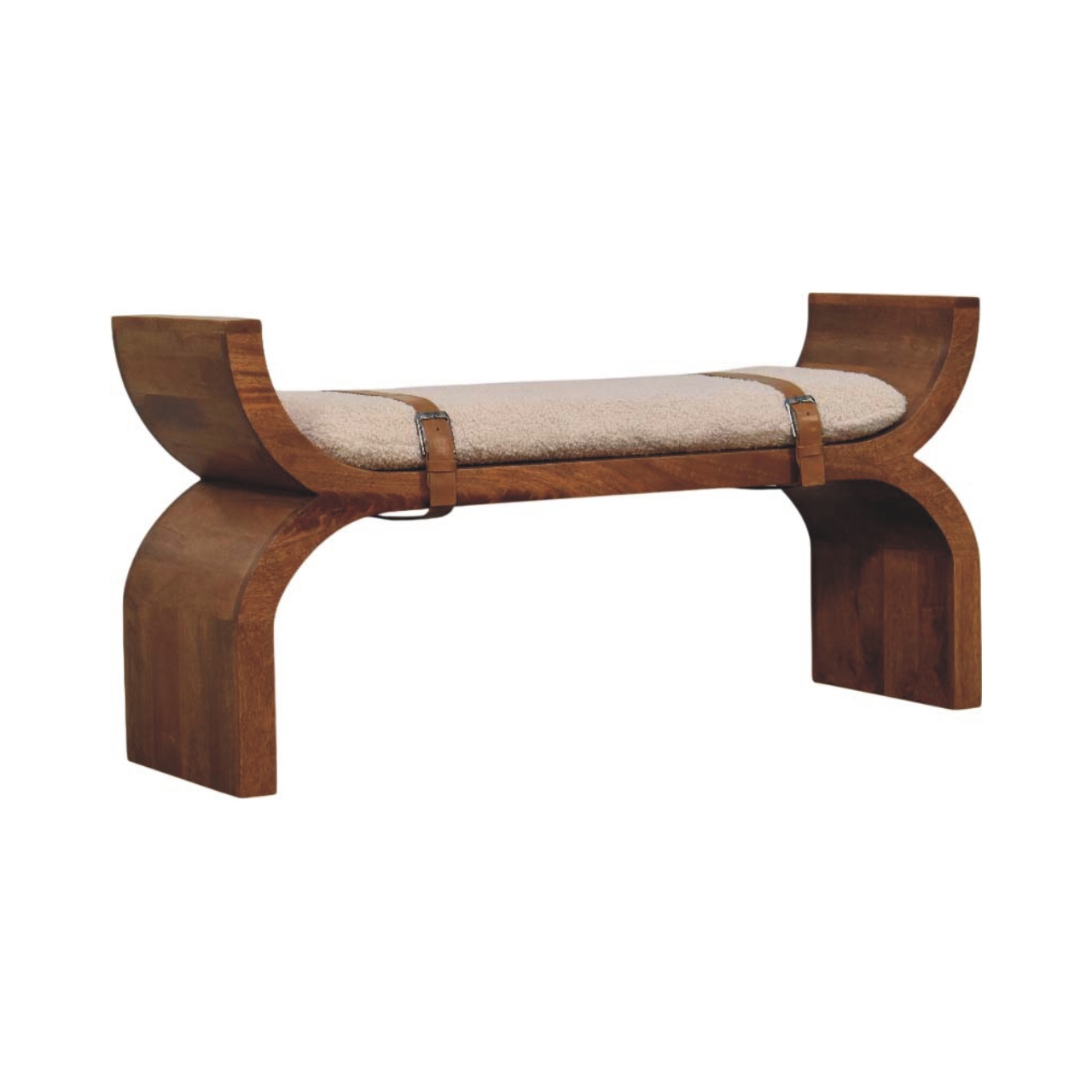 Solid Mango Wood Amber Oak Finished Boucle Upholstered Stirrup Style Belted Curved Bench - Image 3