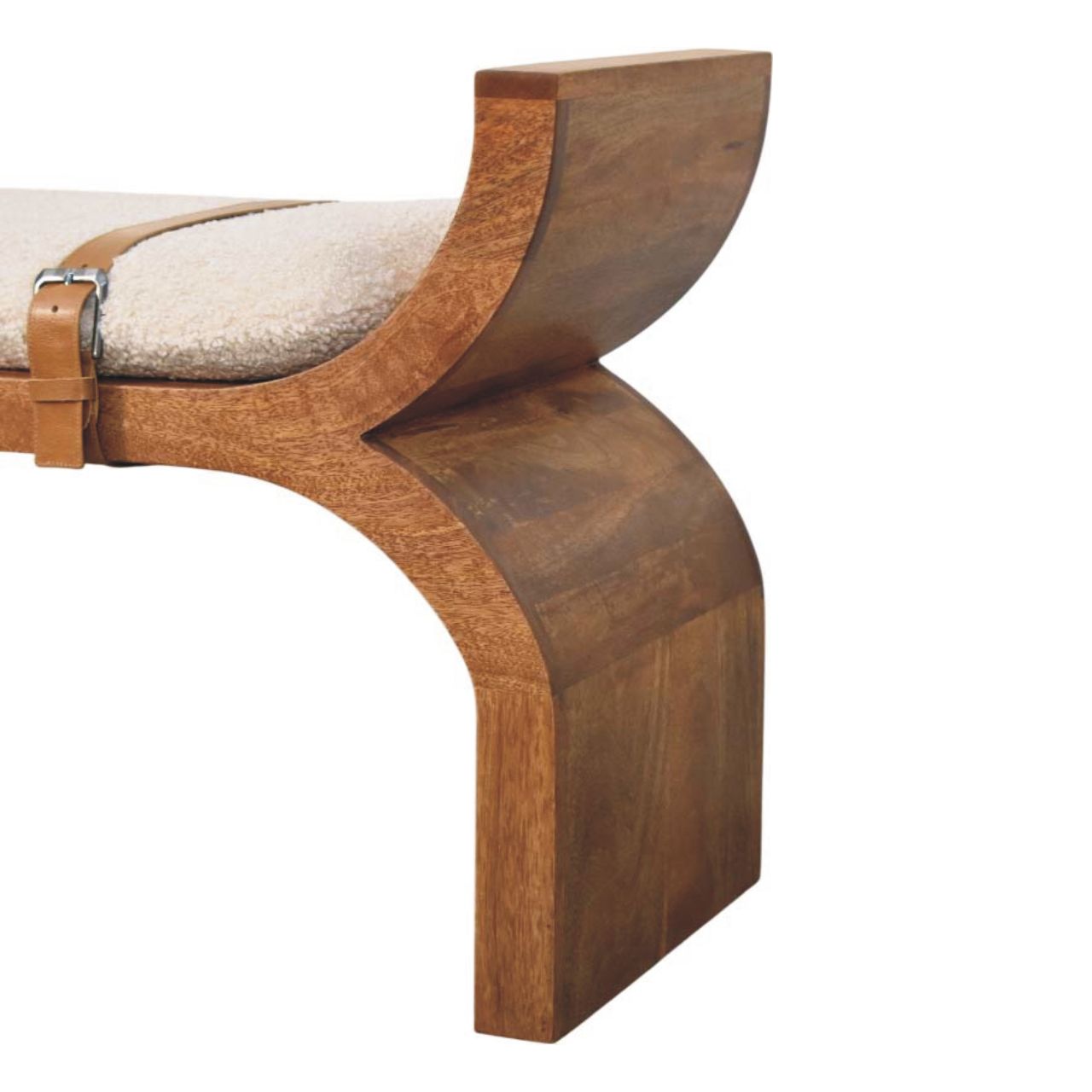 Solid Mango Wood Amber Oak Finished Boucle Upholstered Stirrup Style Belted Curved Bench - Image 6
