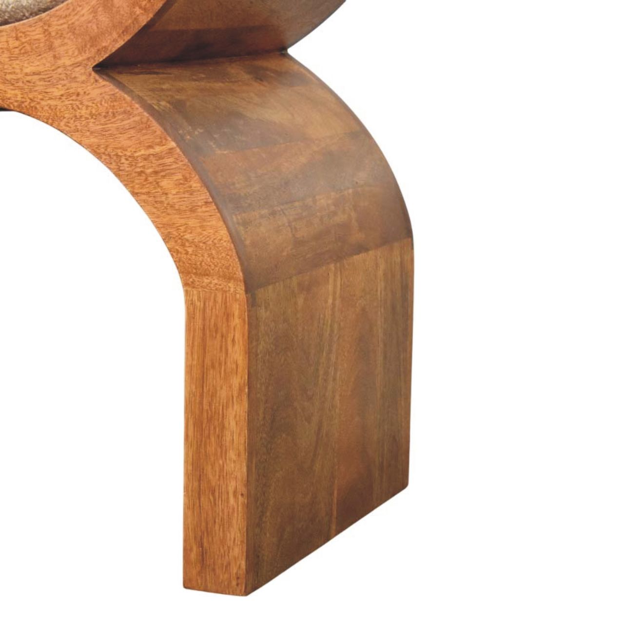 Solid Mango Wood Amber Oak Finished Boucle Upholstered Stirrup Style Belted Curved Bench - Image 7