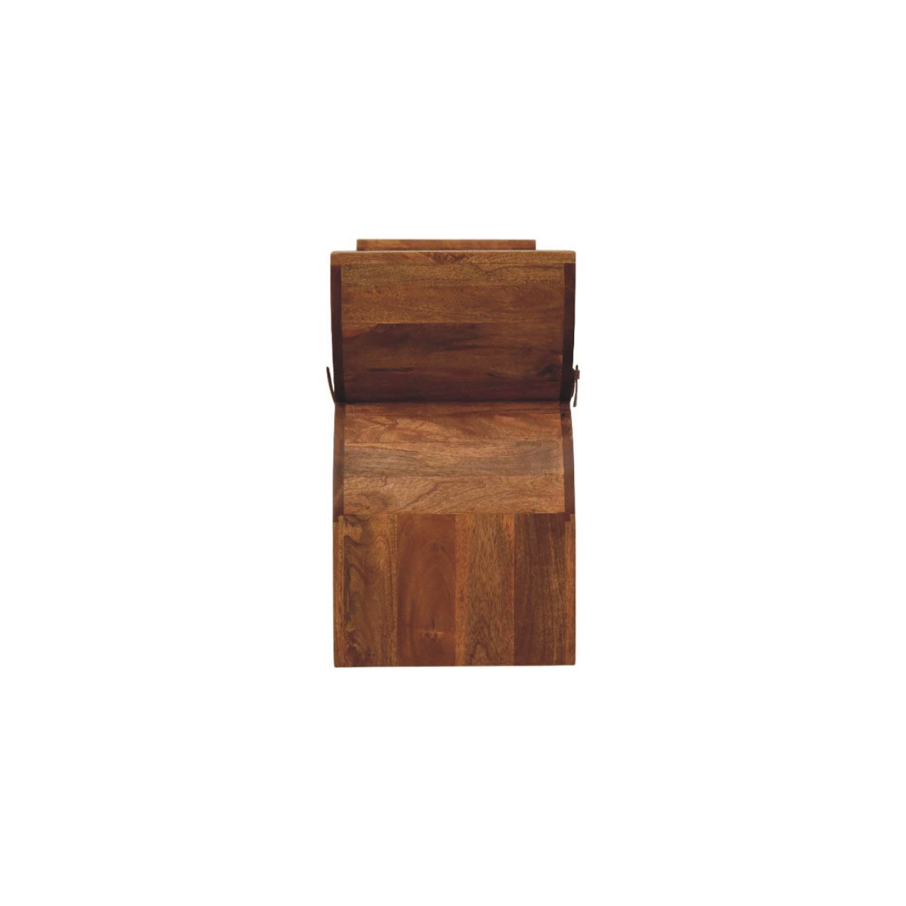 Solid Mango Wood Amber Oak Finished Boucle Upholstered Stirrup Style Belted Curved Bench - Image 8