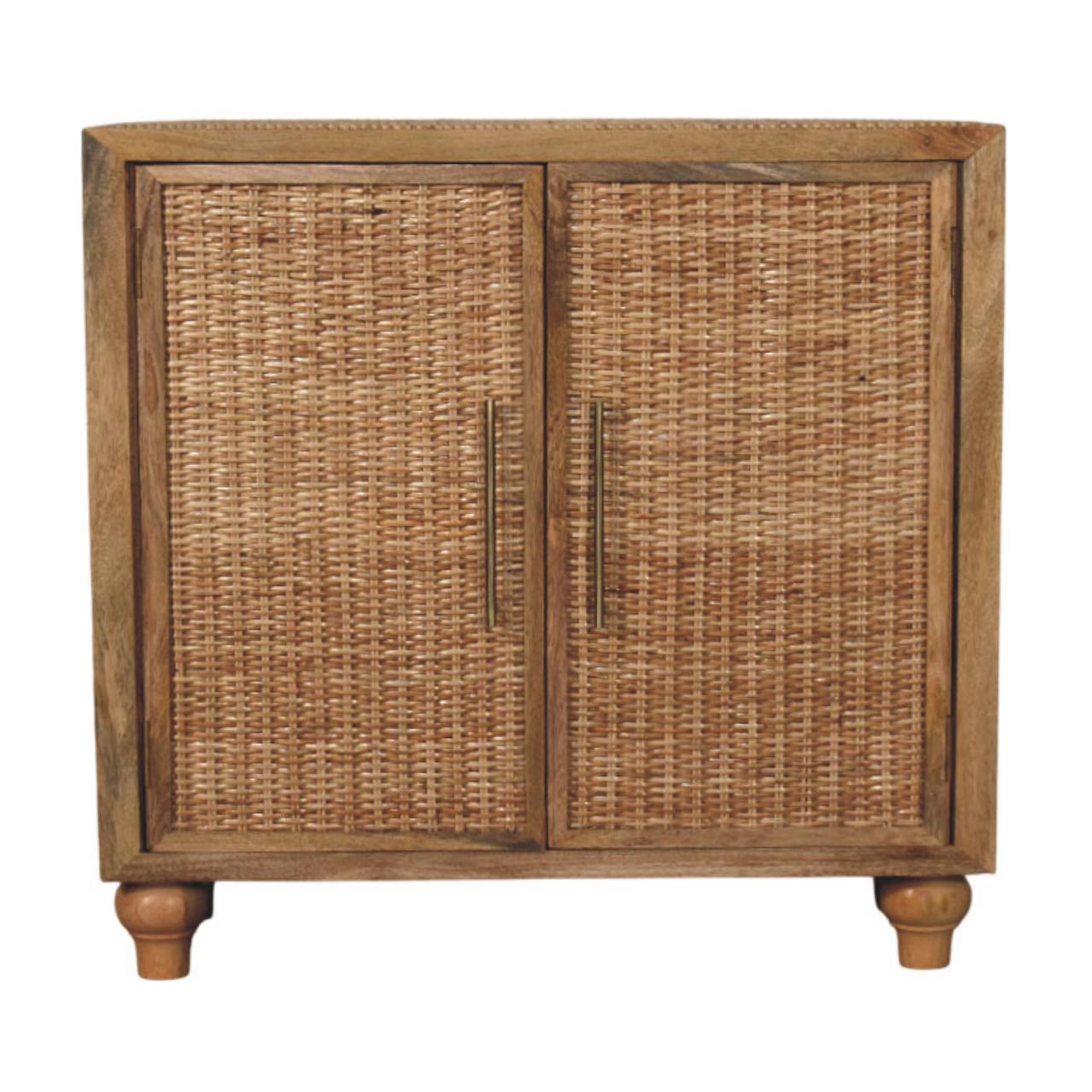 Solid Mango Wood Oak Finished 2 Rattan Finished Doors Cabinet