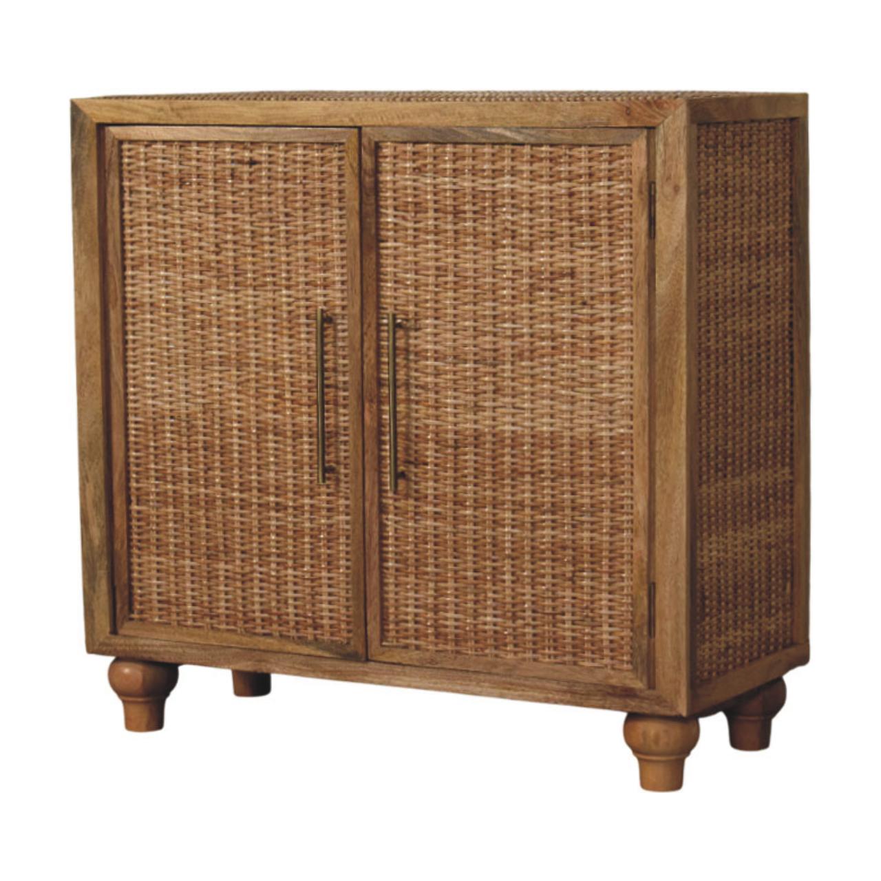 Solid Mango Wood Oak Finished 2 Rattan Finished Doors Cabinet - Image 2