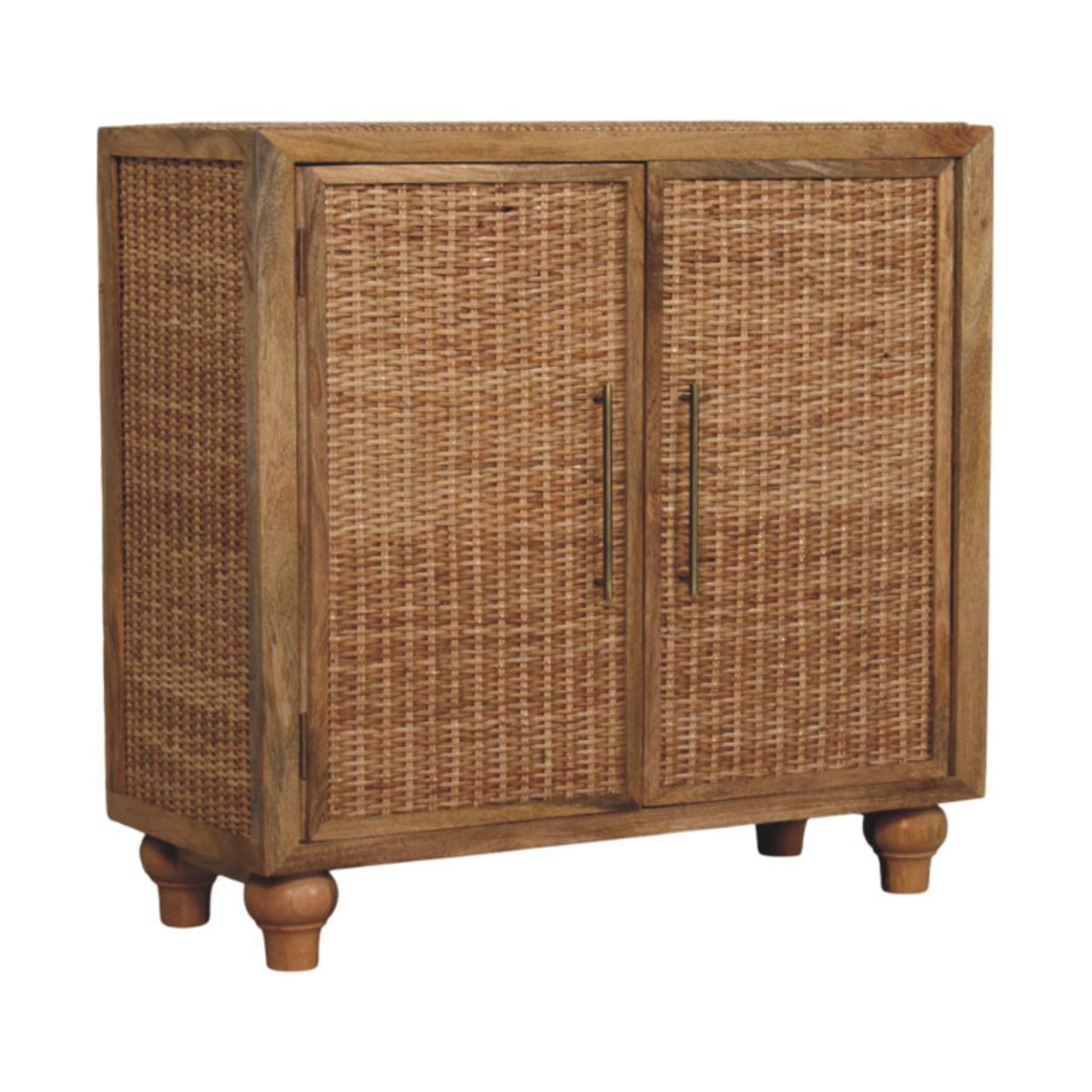 Solid Mango Wood Oak Finished 2 Rattan Finished Doors Cabinet - Image 3