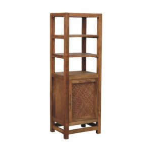Solid Mango Wood Golden Teak Finished 2 Shelves 1 Door Saffron Rattan Tall Cabinet