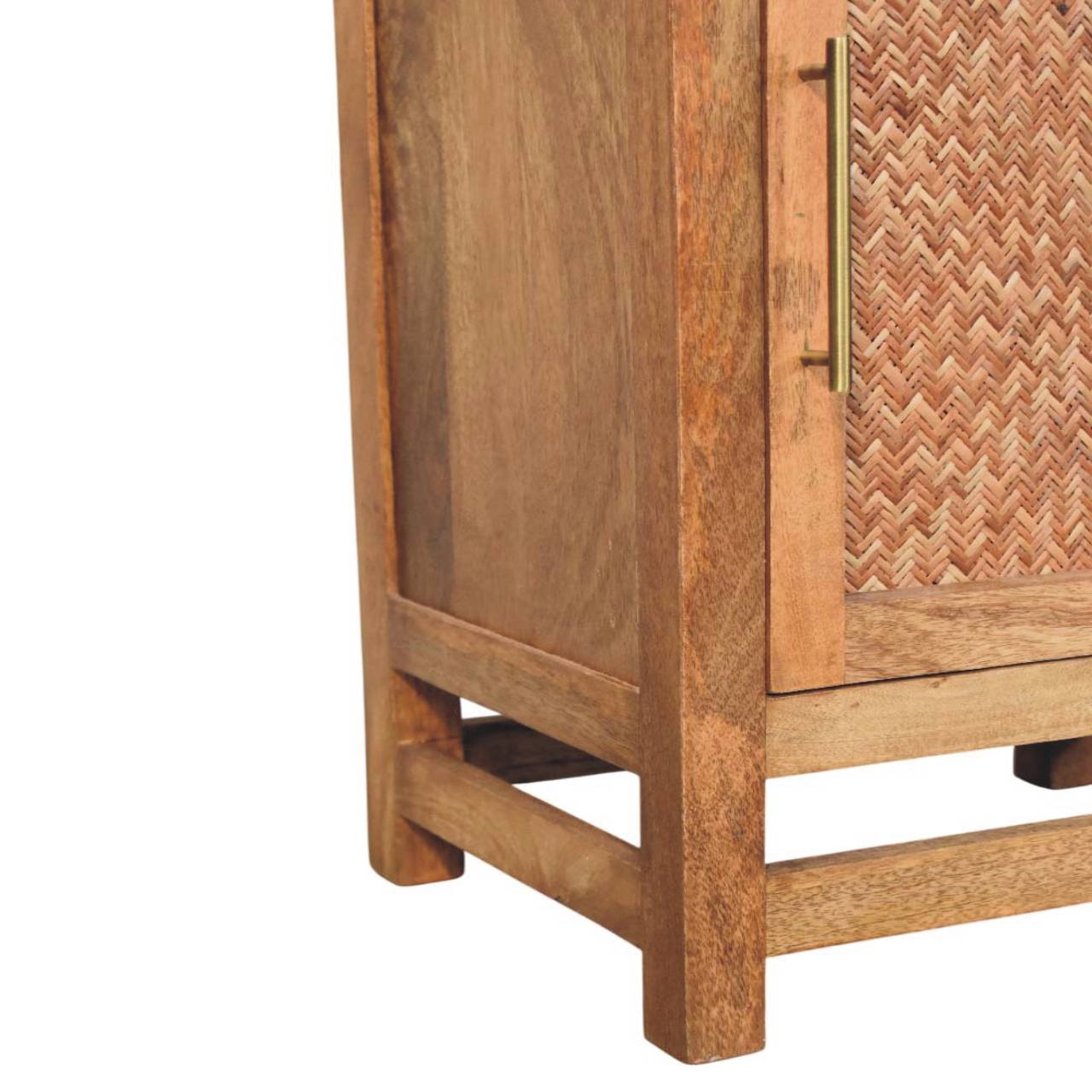 Solid Mango Wood Golden Teak Finished 2 Shelves 1 Door Saffron Rattan Tall Cabinet - Image 6