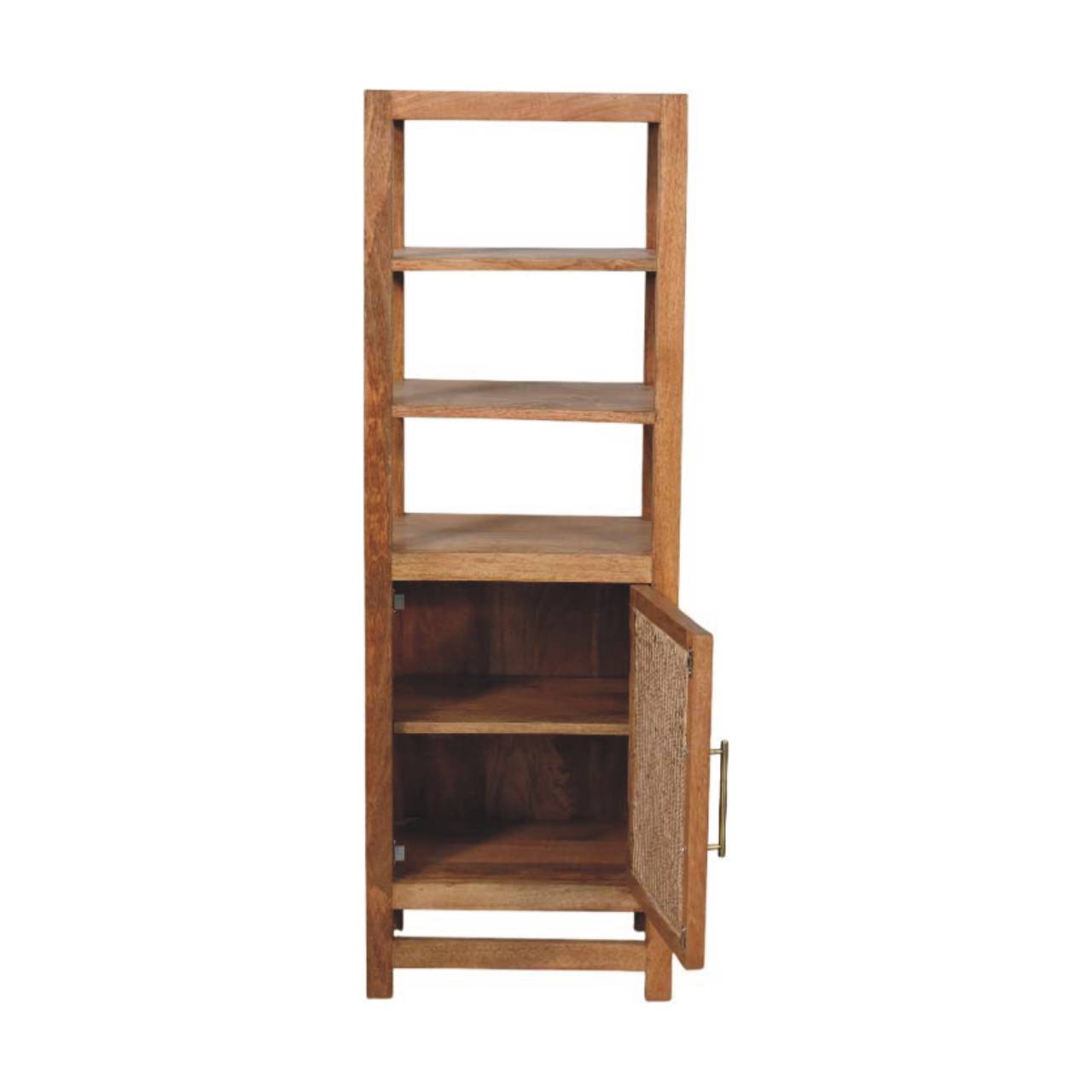 Solid Mango Wood Golden Teak Finished 2 Shelves 1 Door Saffron Rattan Tall Cabinet - Image 7