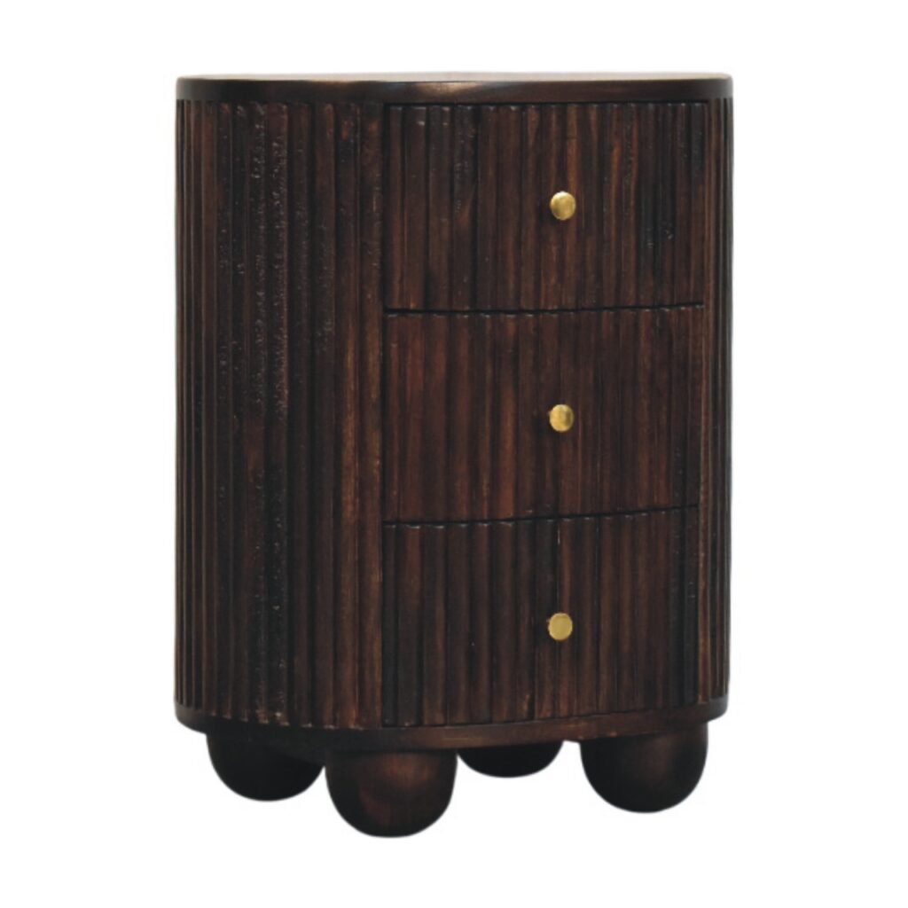 Solid Mango Wood Velvet Mocha Finished Curved Fluted 3 Drawer Bedside