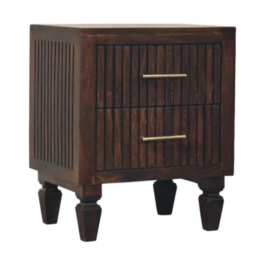 Solid Mango Wood Velvet Mocha Finished 2 Drawer Belmont Ridged Nightstand