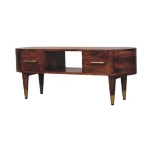 Solid Mango Wood Roasted Almond Finished 2 Drawer Valenza Curved Media Console