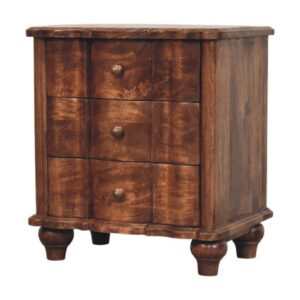 Solid Mango Wood Roasted Almond Finished Lume Panelled 3 Drawer Bedside