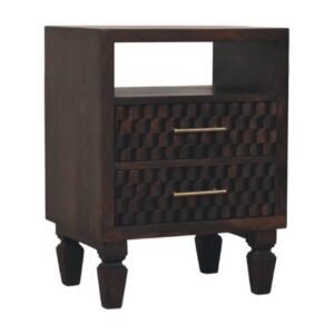 Solid Mango Wood Velvet Mocha Finished 2 Drawer Cadiz Carved Bedside Table