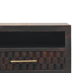 Solid Mango Wood Velvet Mocha Finished 1 Drawer Cadiz Carved Open-Slot Wall Mounted Bedside