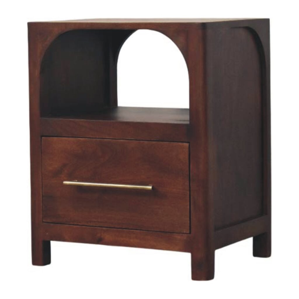 Solid Mango Wood Wine Wood Finished Arched Edge 1 Drawer Bedside