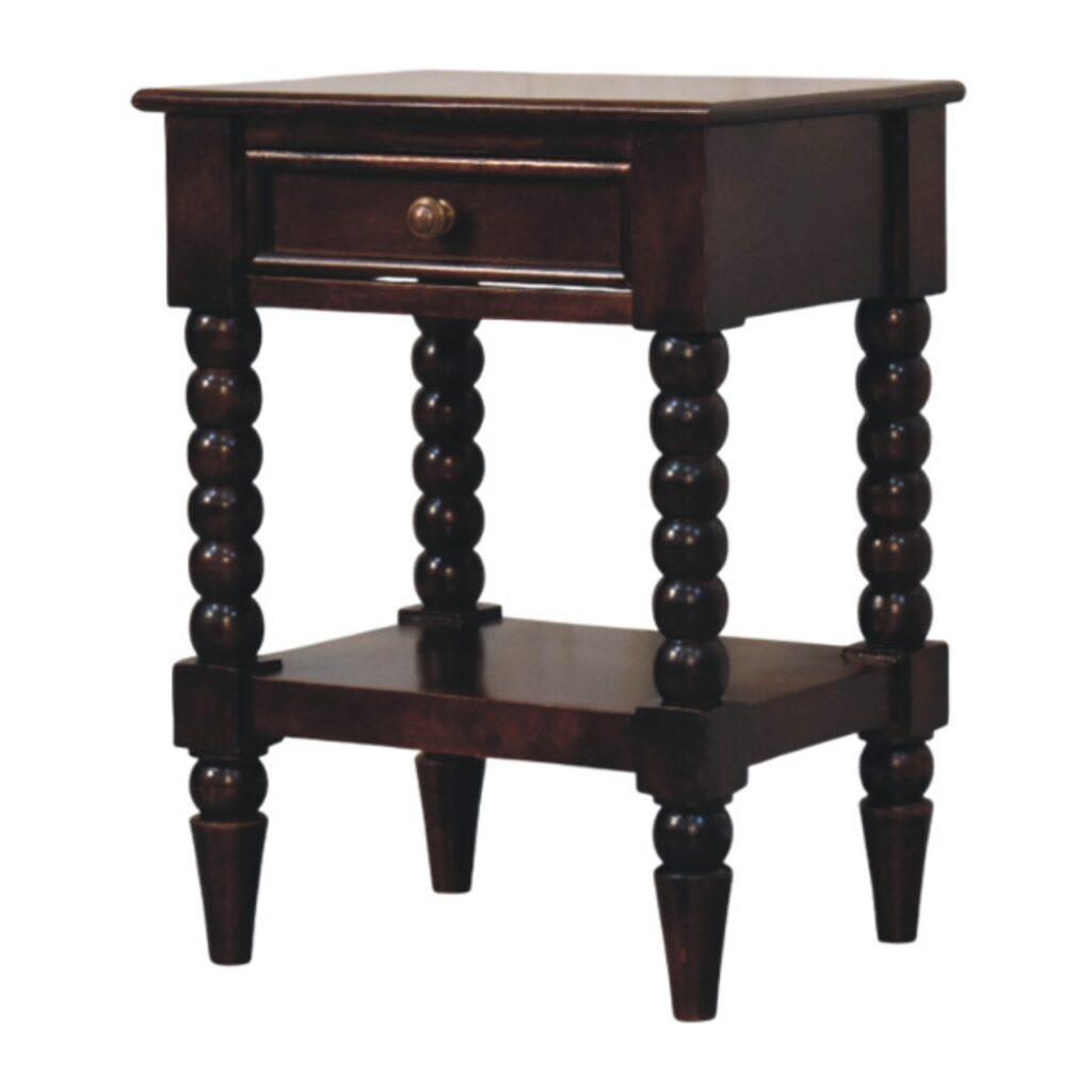 Solid Mango Wood Wine Wood Finished 1 Drawer Spindle Legs Bedside