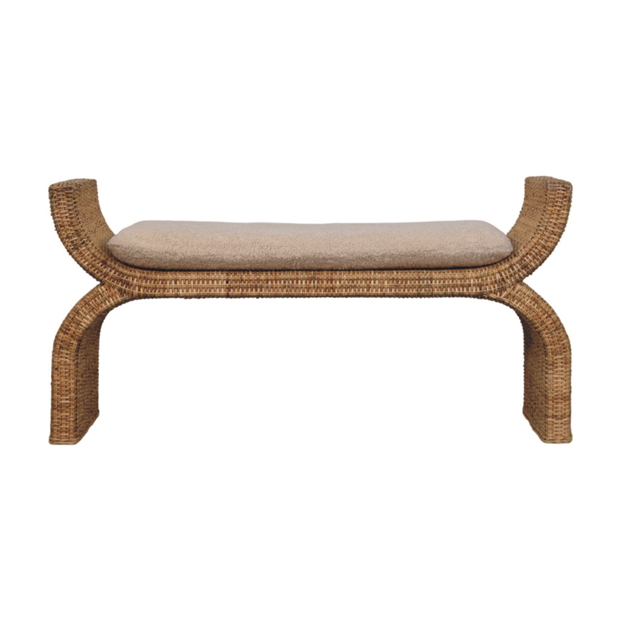 Solid Mango Wood Oak Finished Rattan Weave Boucle Cushioned Bench