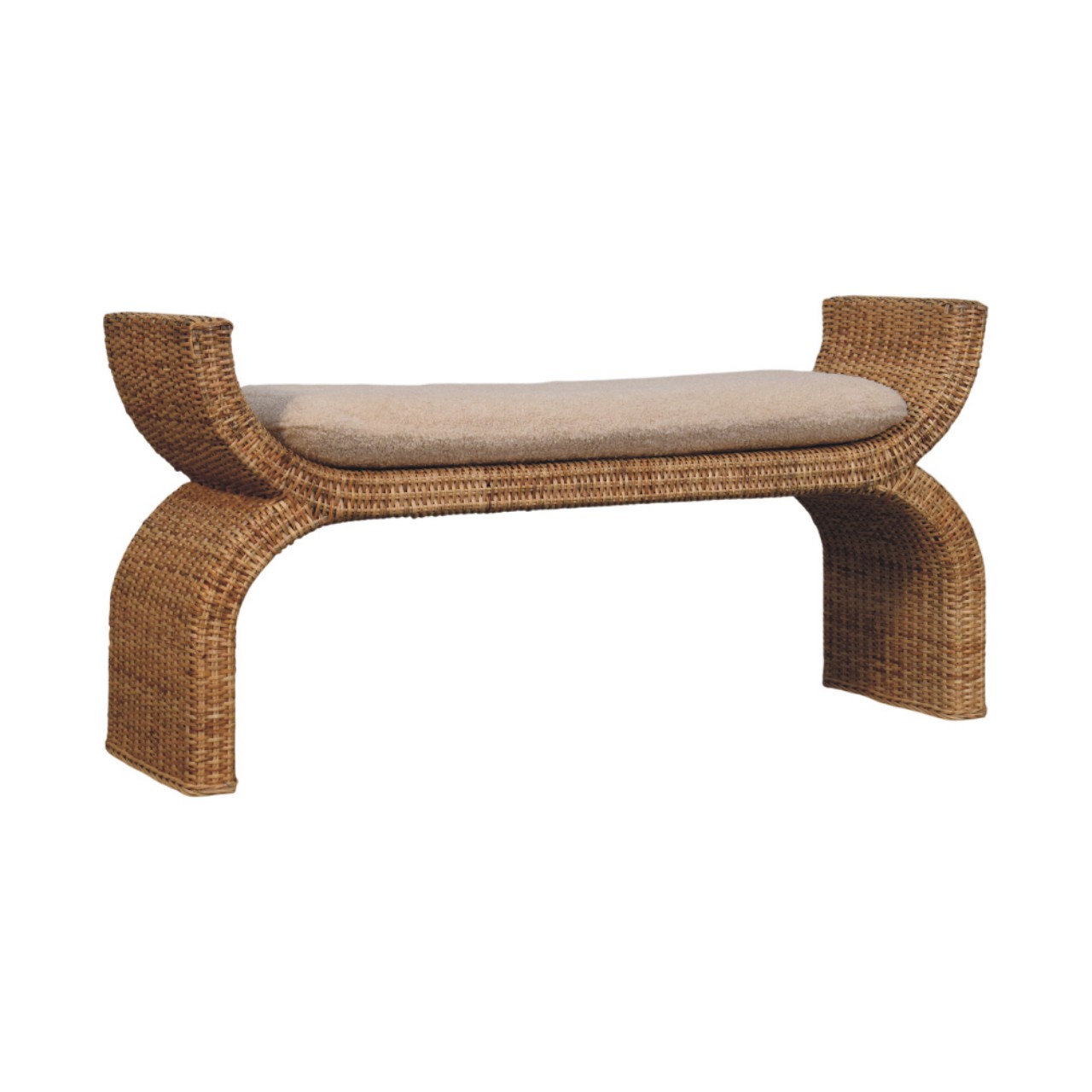 Solid Mango Wood Oak Finished Rattan Weave Boucle Cushioned Bench - Image 2