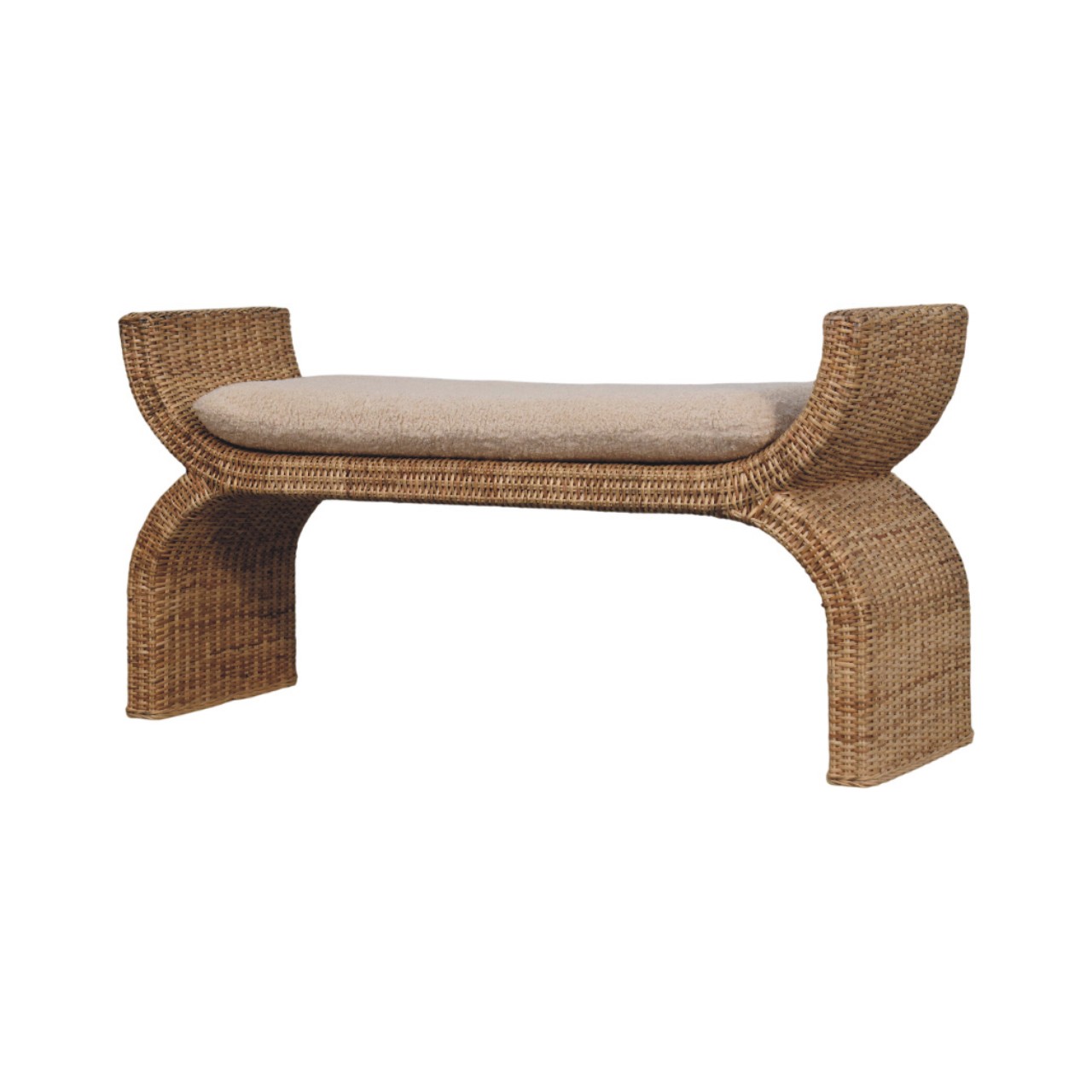 Solid Mango Wood Oak Finished Rattan Weave Boucle Cushioned Bench - Image 3