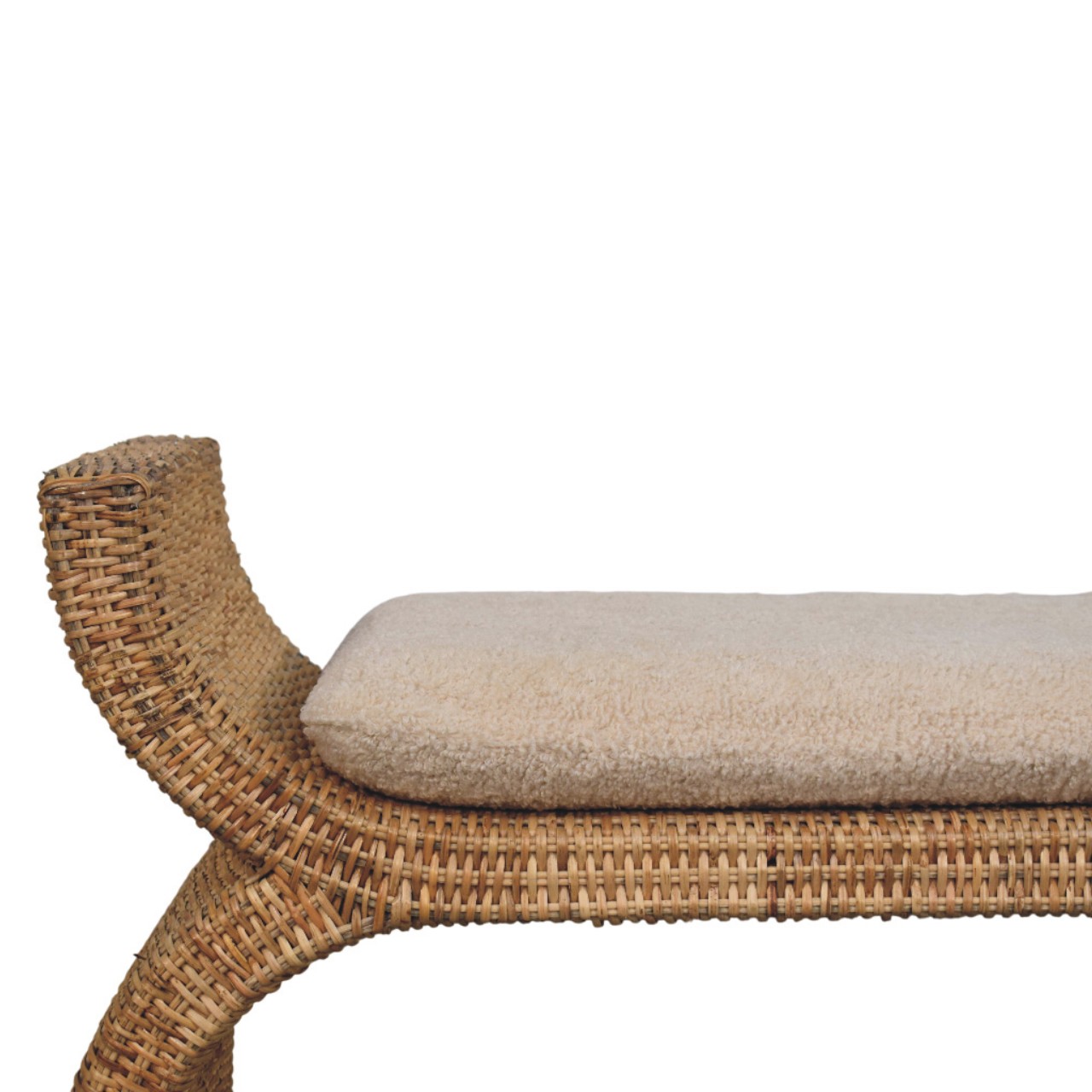 Solid Mango Wood Oak Finished Rattan Weave Boucle Cushioned Bench - Image 4